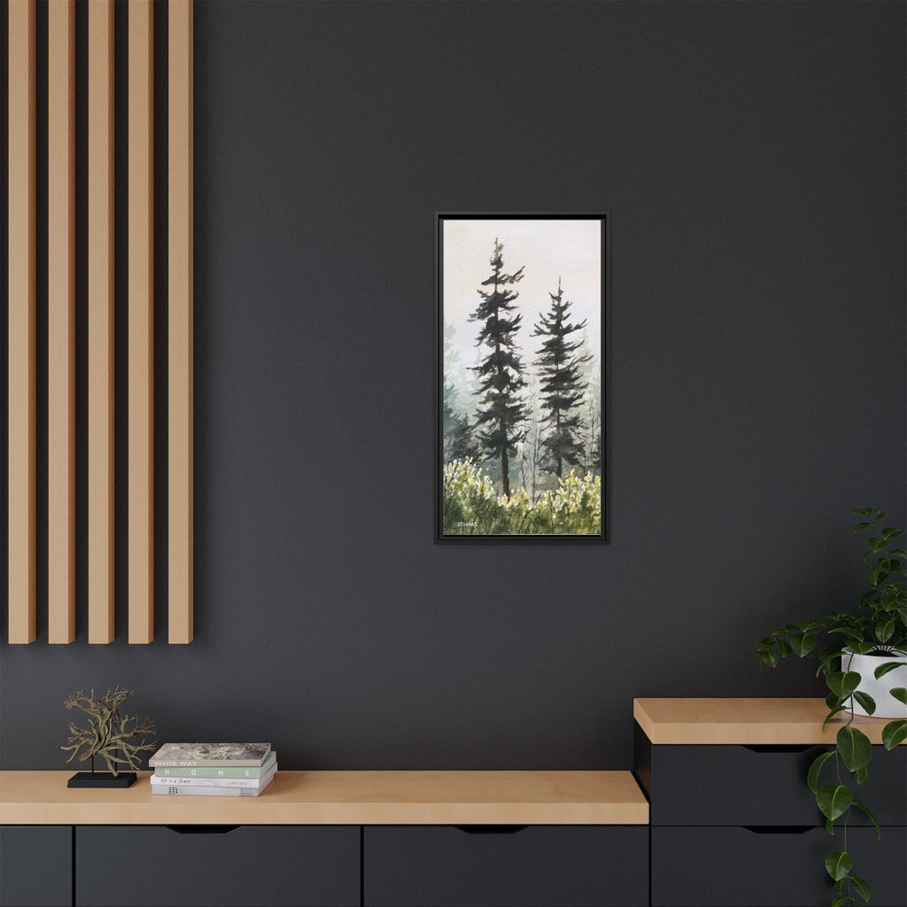 Misty Pines Mountain Watercolor Canvas Framed