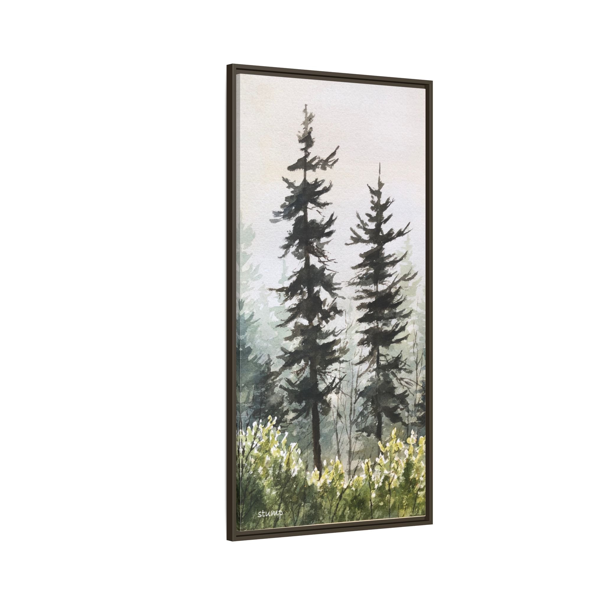 Misty Pines Mountain Watercolor Canvas Framed