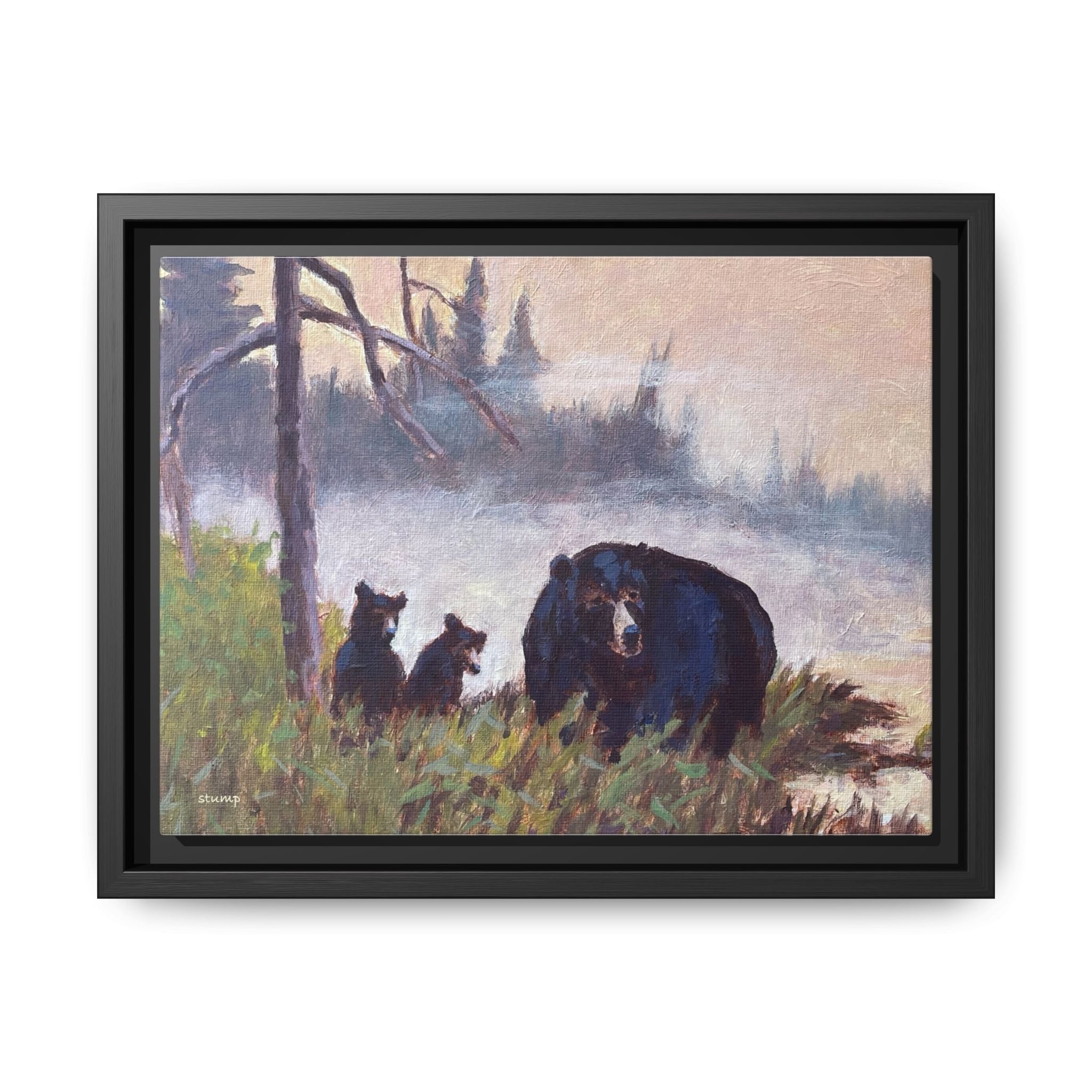 Mama Bear with Cubs Matte Canvas Framed | Wildlife Wall Art