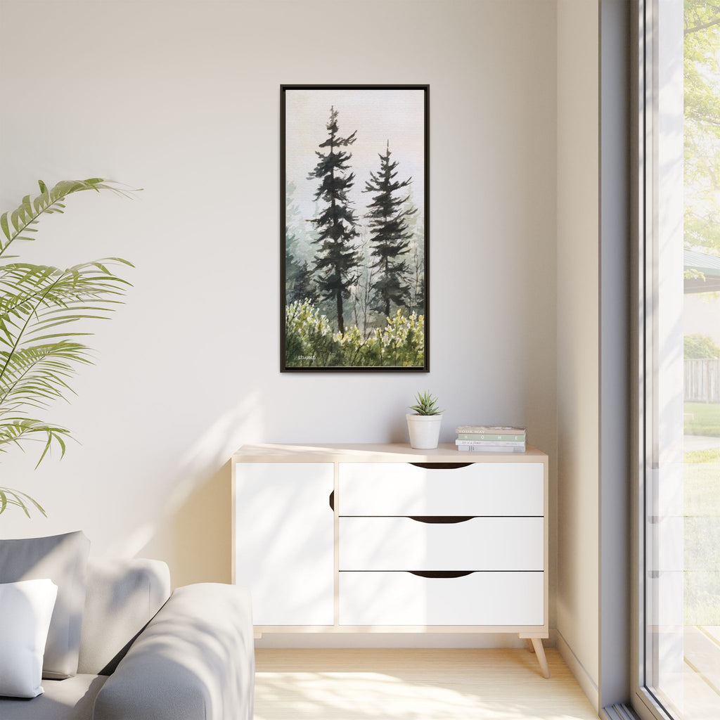 Misty Pines Mountain Watercolor Canvas Framed