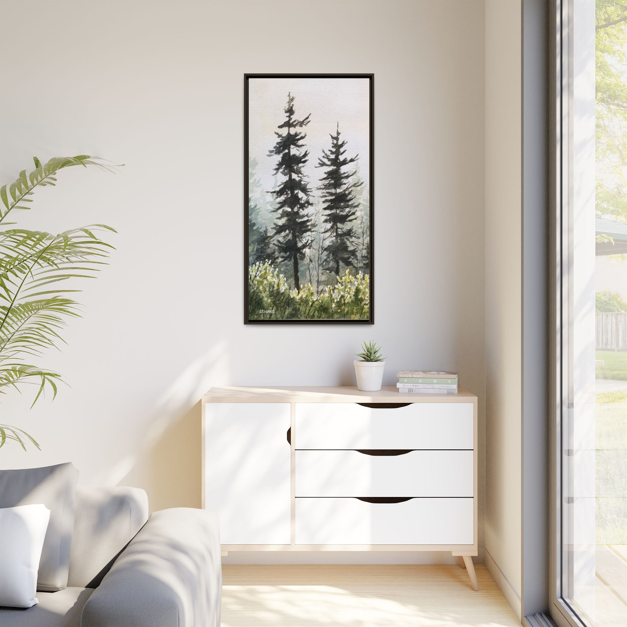 Misty Pines Mountain Watercolor Canvas Framed