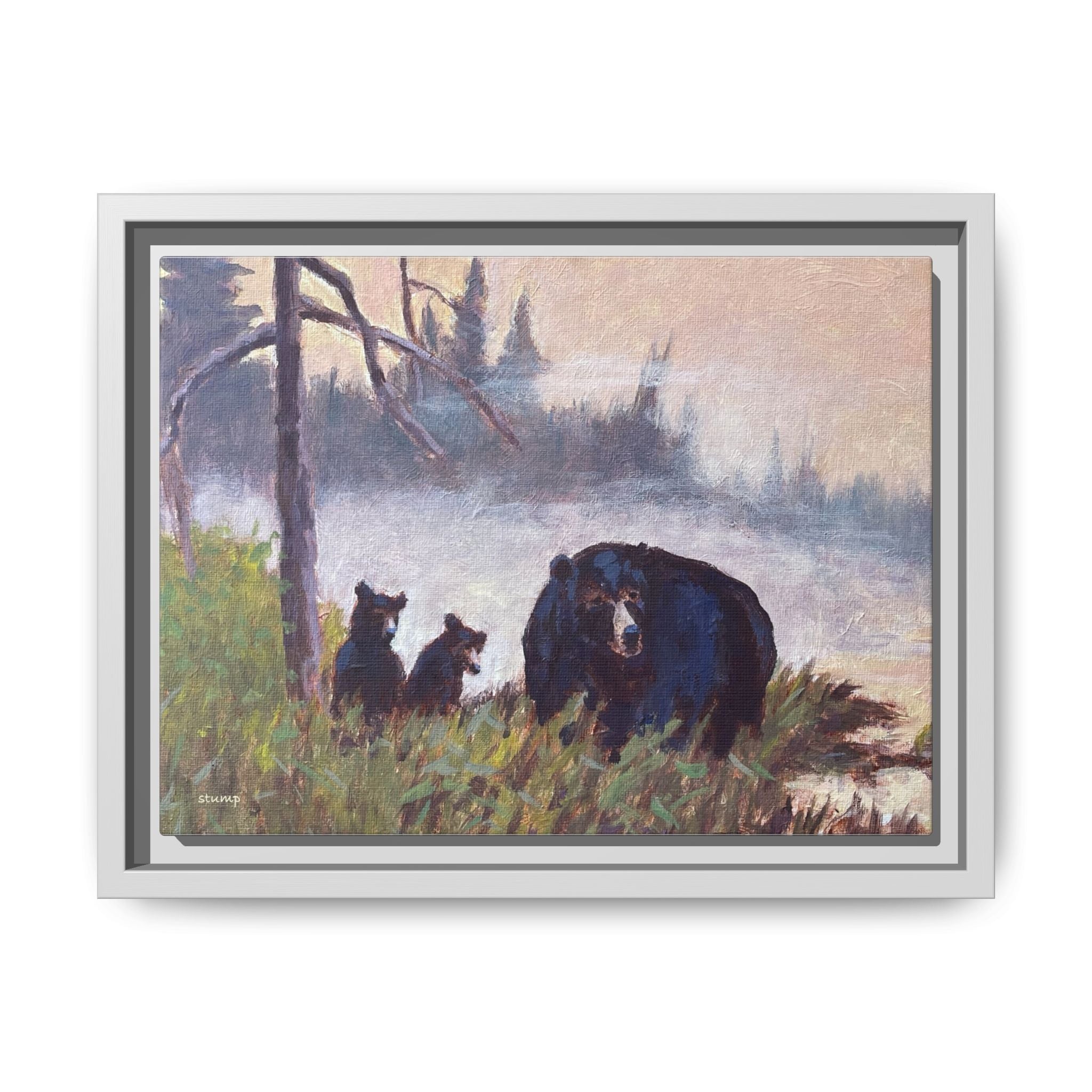 Mama Bear with Cubs Matte Canvas Framed | Wildlife Wall Art