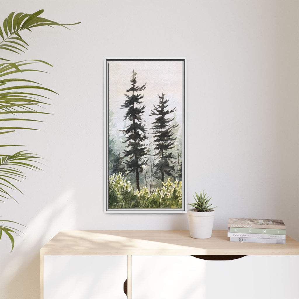 Misty Pines Mountain Watercolor Canvas Framed