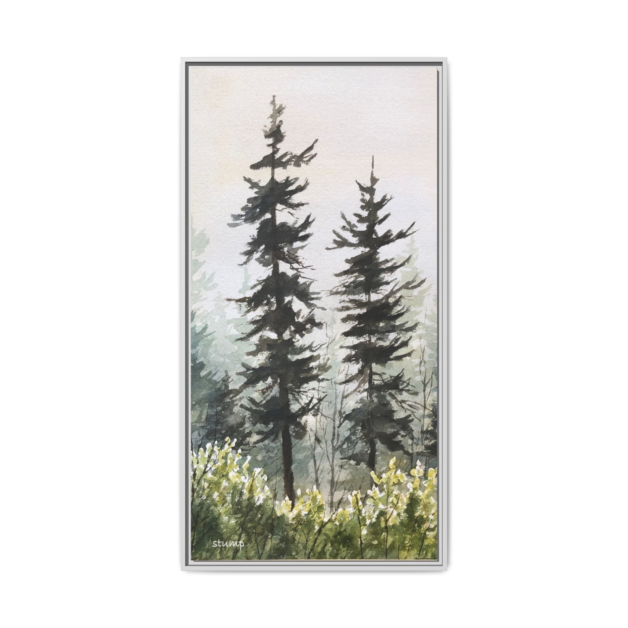 Misty Pines Mountain Watercolor Canvas Framed