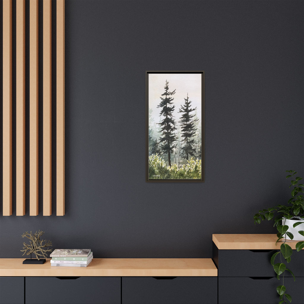 Misty Pines Mountain Watercolor Canvas Framed