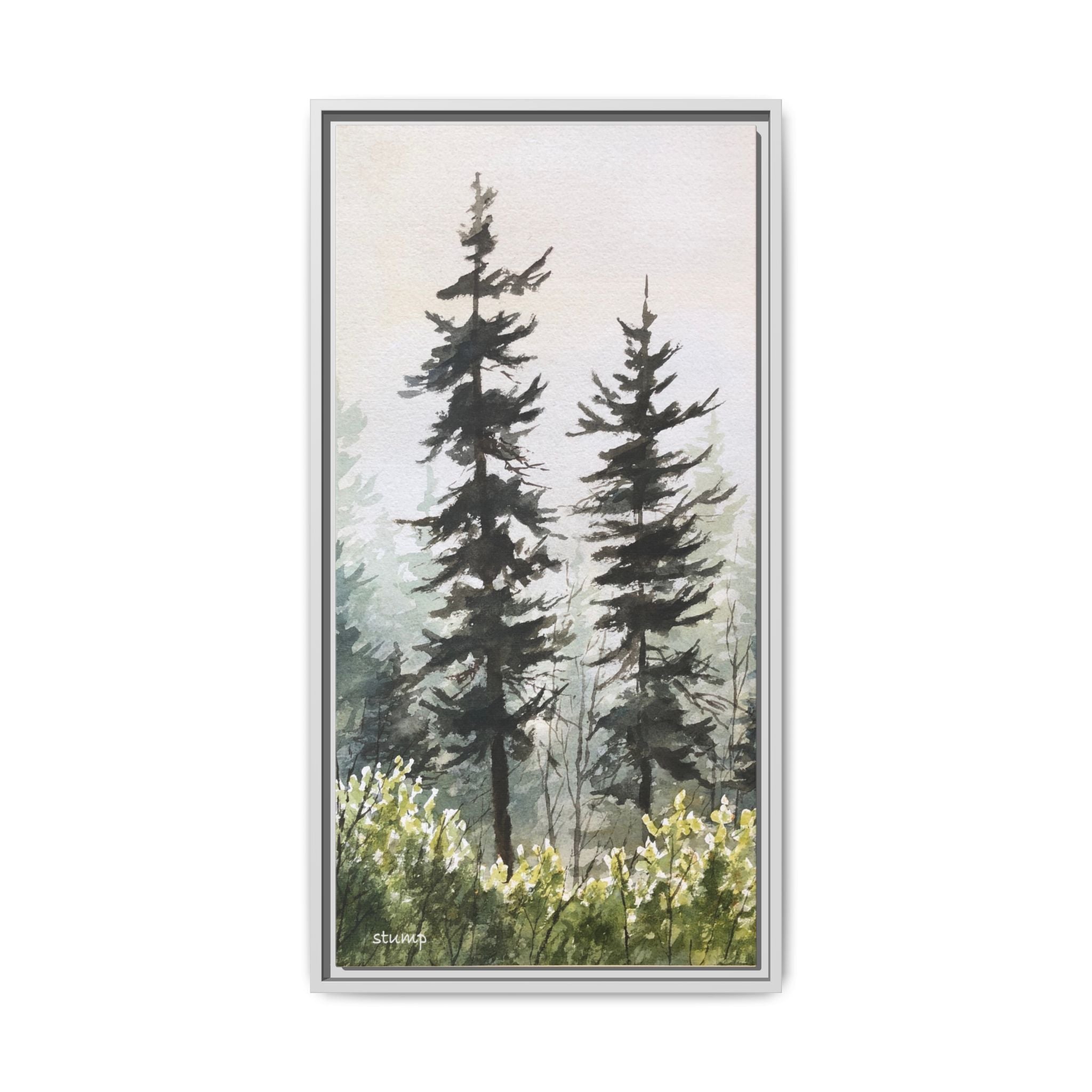 Misty Pines Mountain Watercolor Canvas Framed