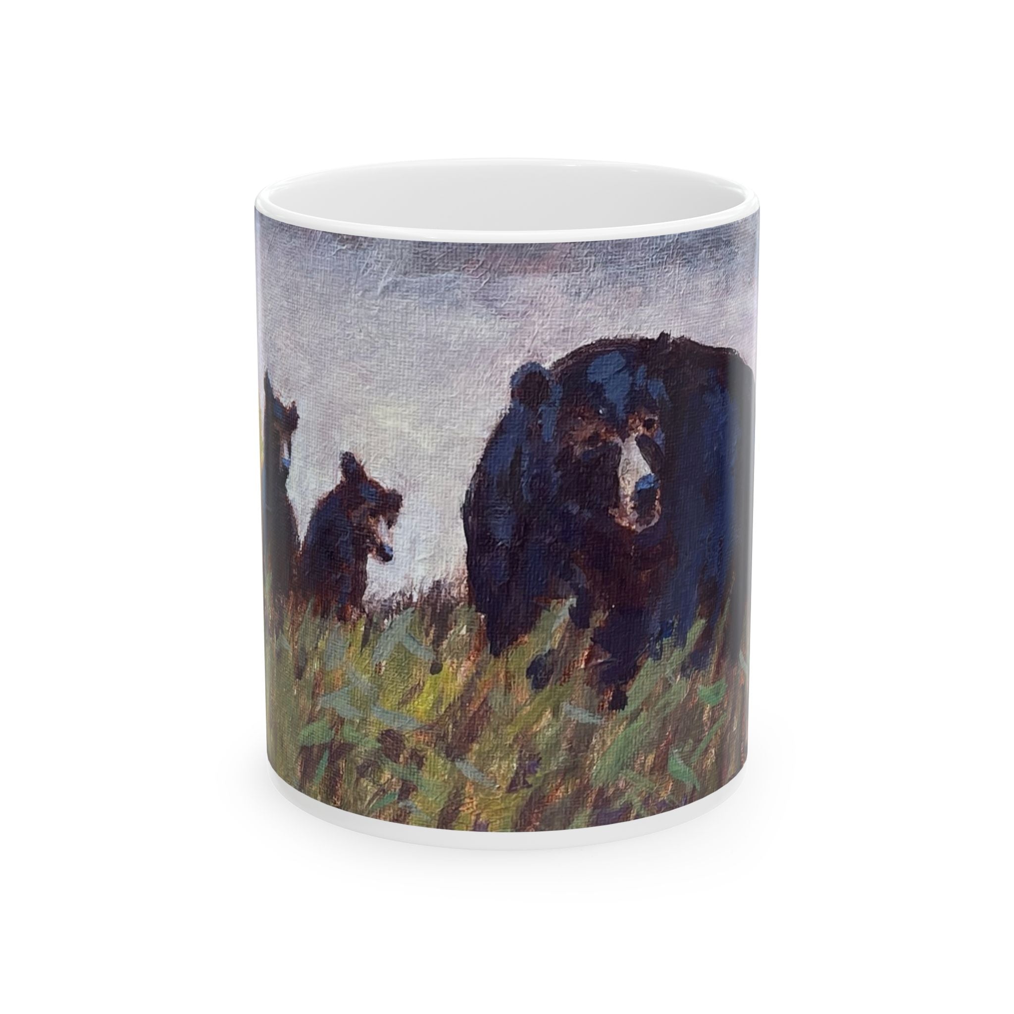 Mama Bear and Cubs In The Mist Wildlife  Lake Art  Ceramic Mug
