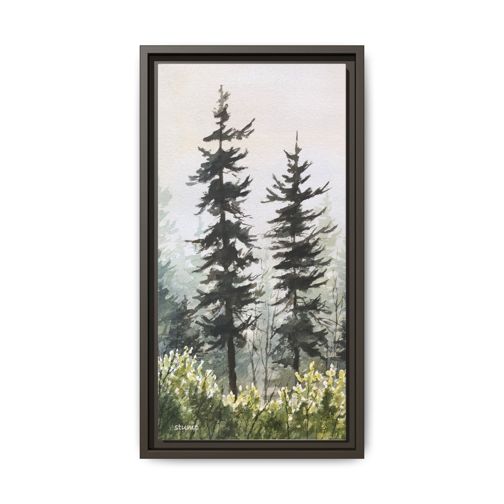 Misty Pines Mountain Watercolor Canvas Framed