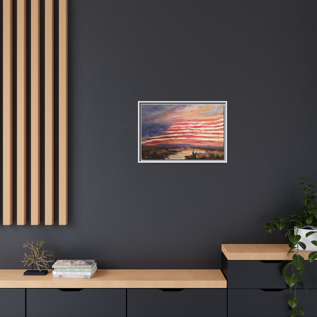 American Landscape Stars And Stripes Sunset Abstract Matte Canvas 24x16 Framed | Abstract Sunset Wall Art