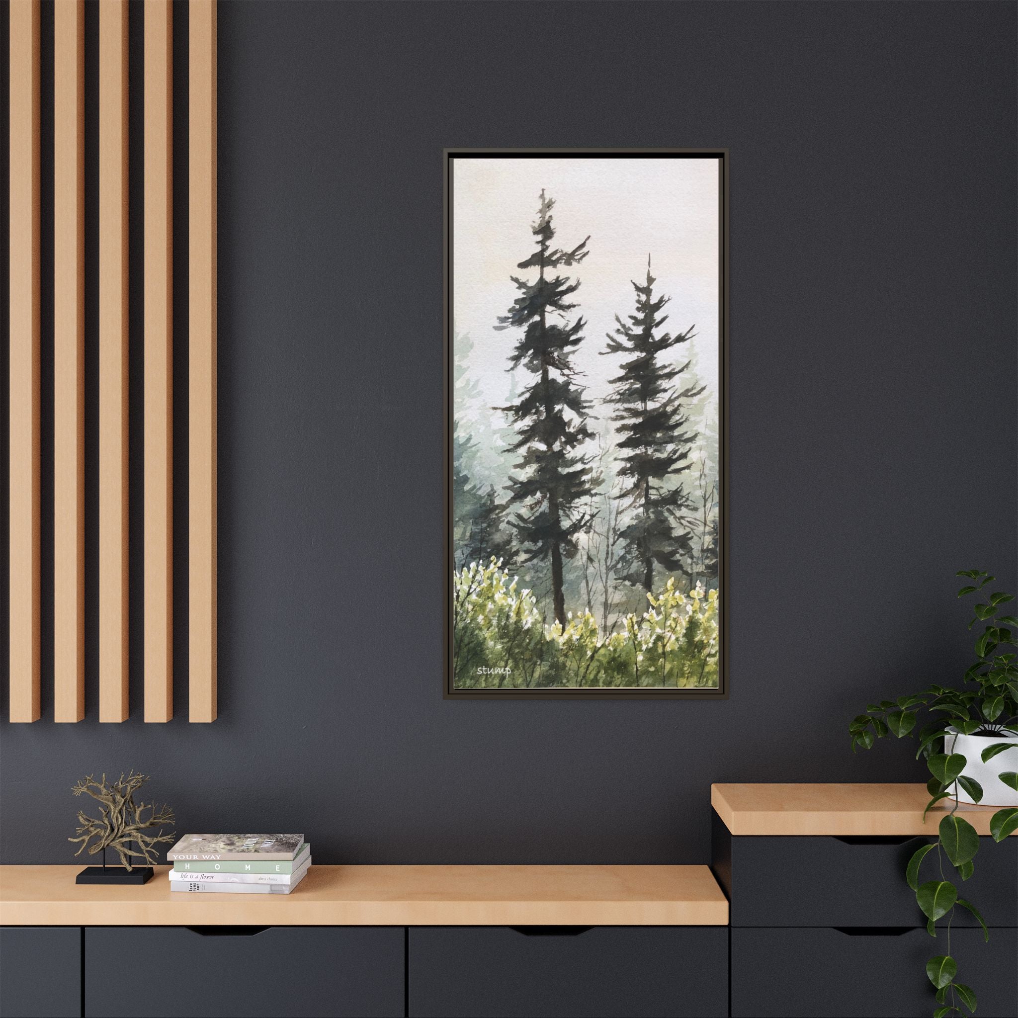 Misty Pines Mountain Watercolor Canvas Framed