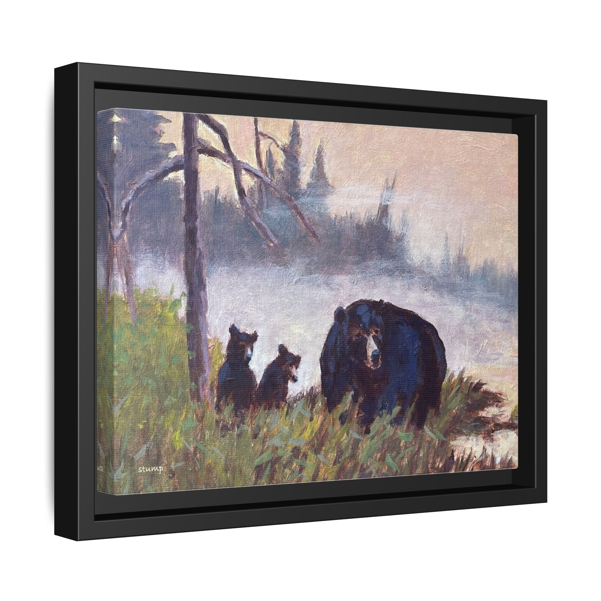 Mama Bear with Cubs Matte Canvas Framed | Wildlife Wall Art