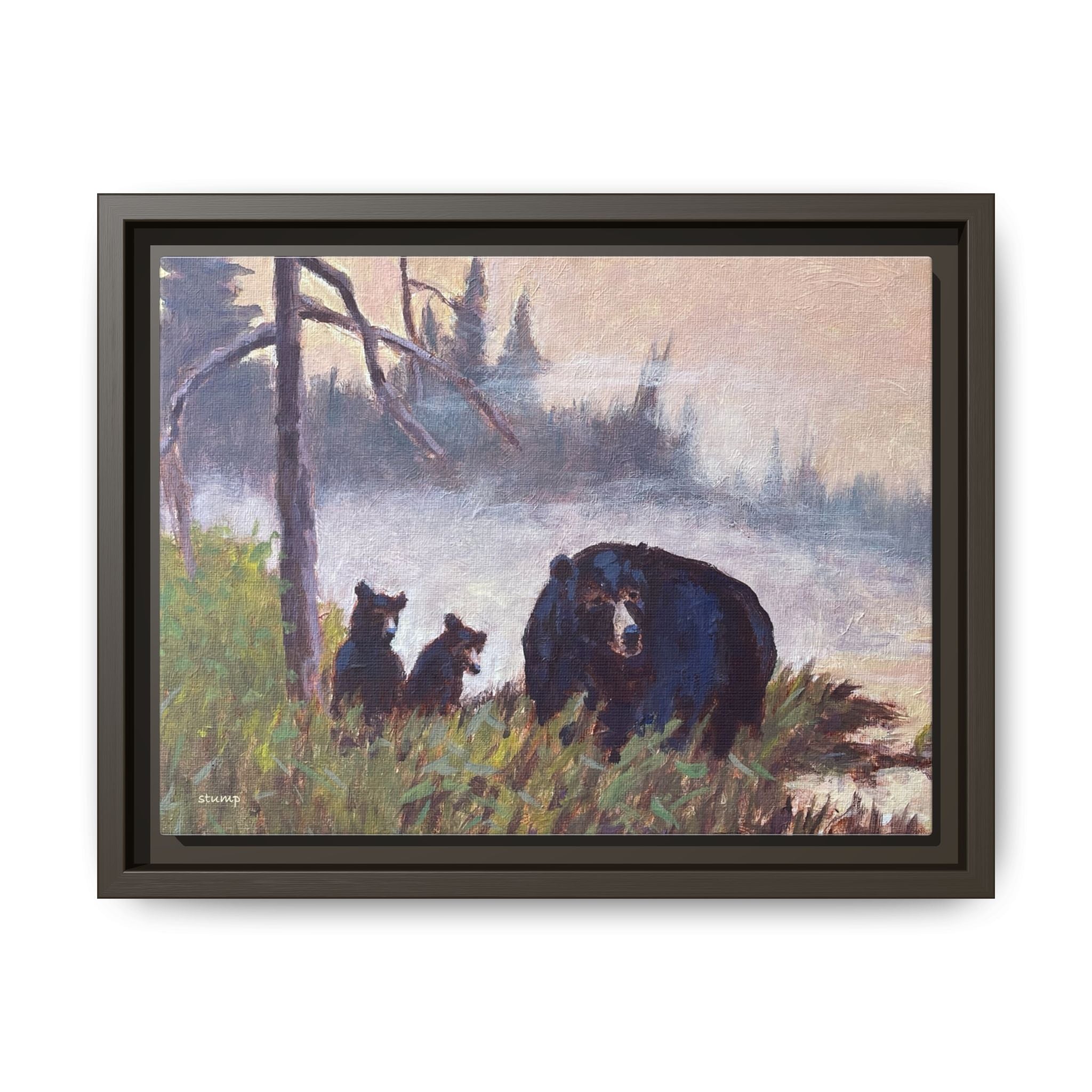 Mama Bear with Cubs Matte Canvas Framed | Wildlife Wall Art