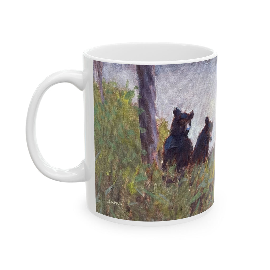 Mama Bear and Cubs In The Mist Wildlife  Lake Art  Ceramic Mug