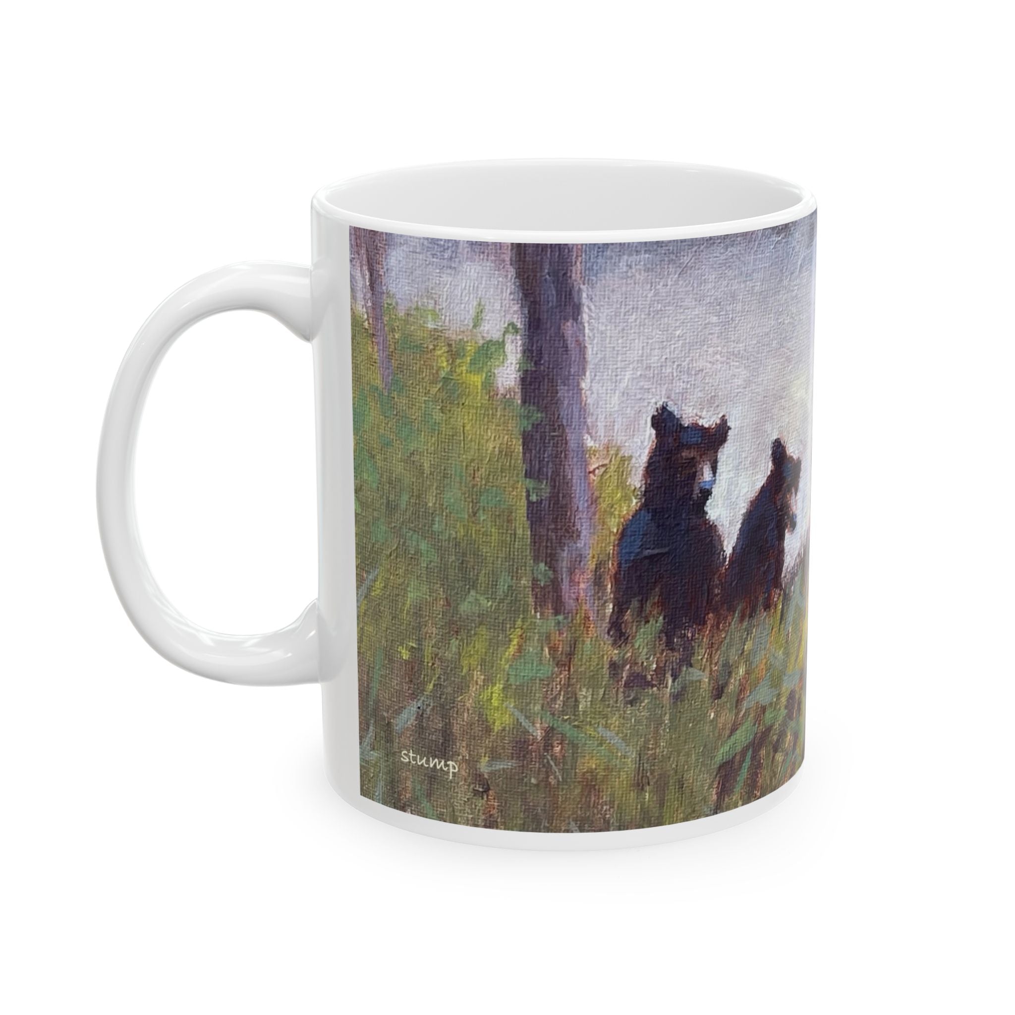Mama Bear and Cubs In The Mist Wildlife  Lake Art  Ceramic Mug