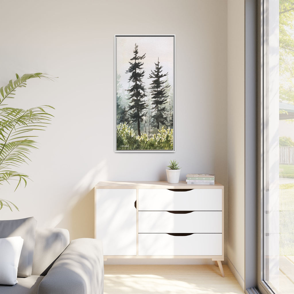 Misty Pines Mountain Watercolor Canvas Framed