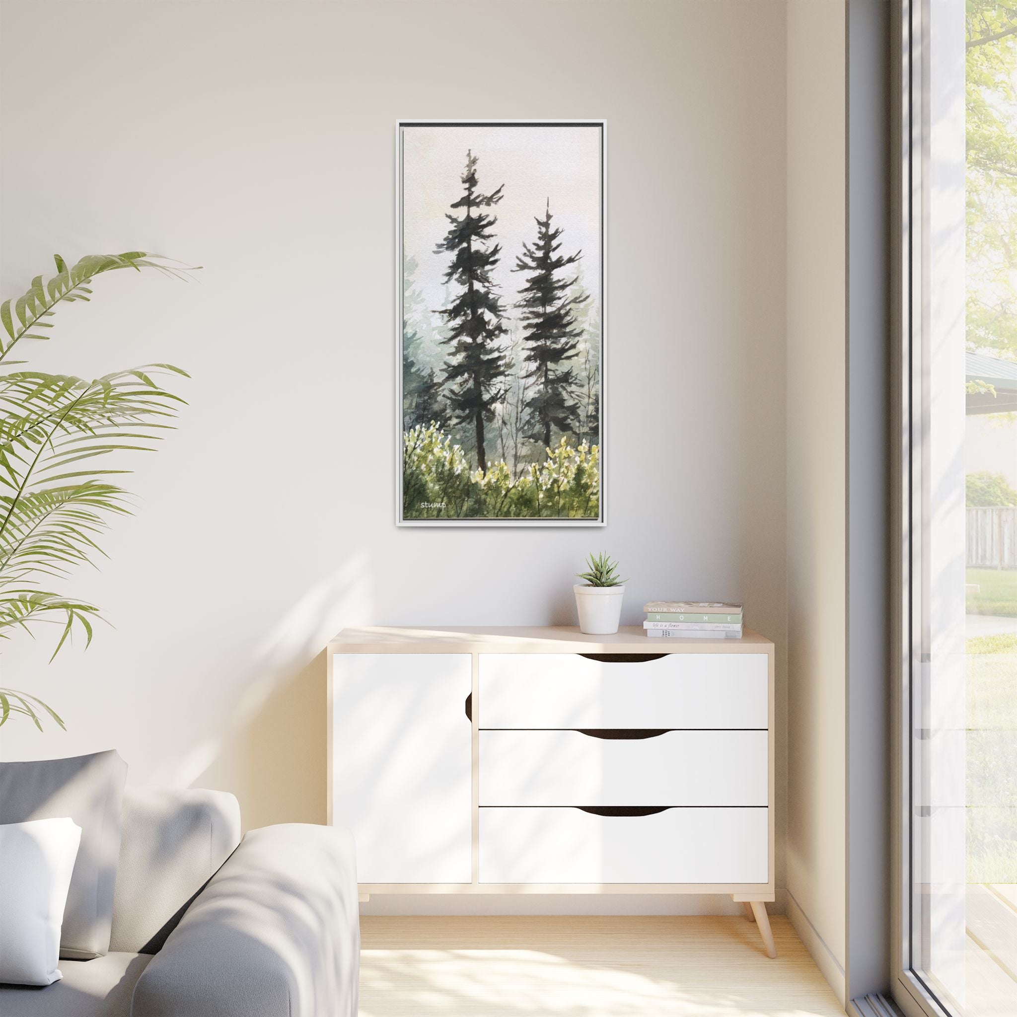 Misty Pines Mountain Watercolor Canvas Framed