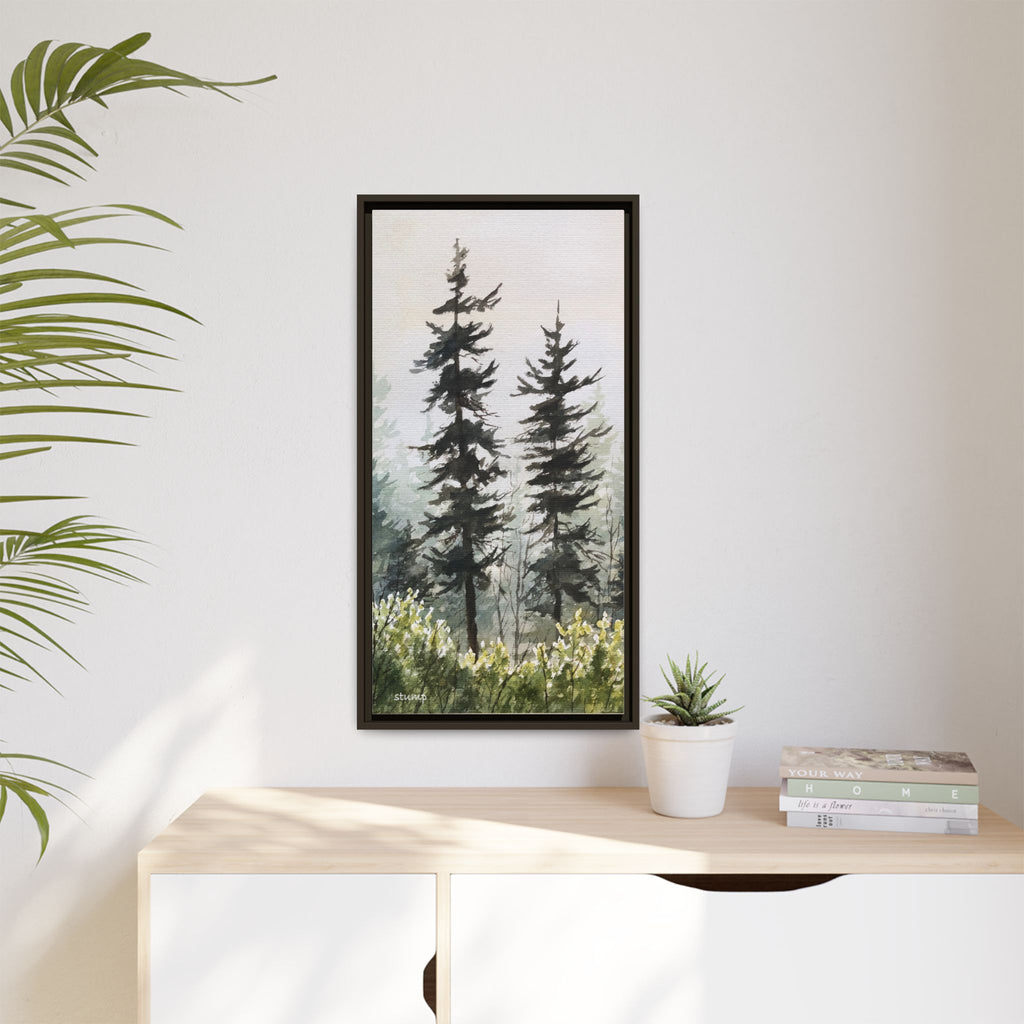 Misty Pines Mountain Watercolor Canvas Framed