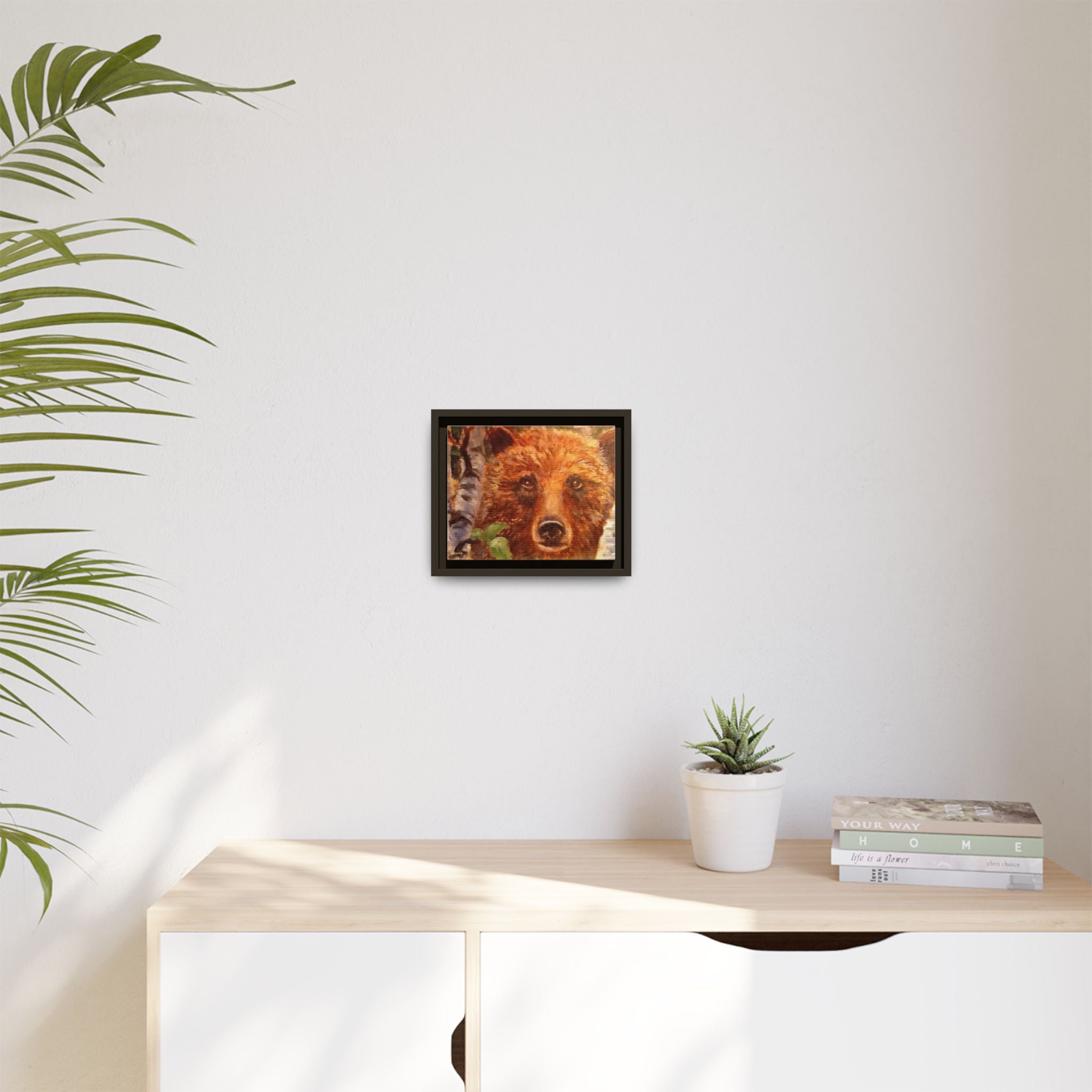 Bear Looking Through Birch Trees Matte Canvas Framed
