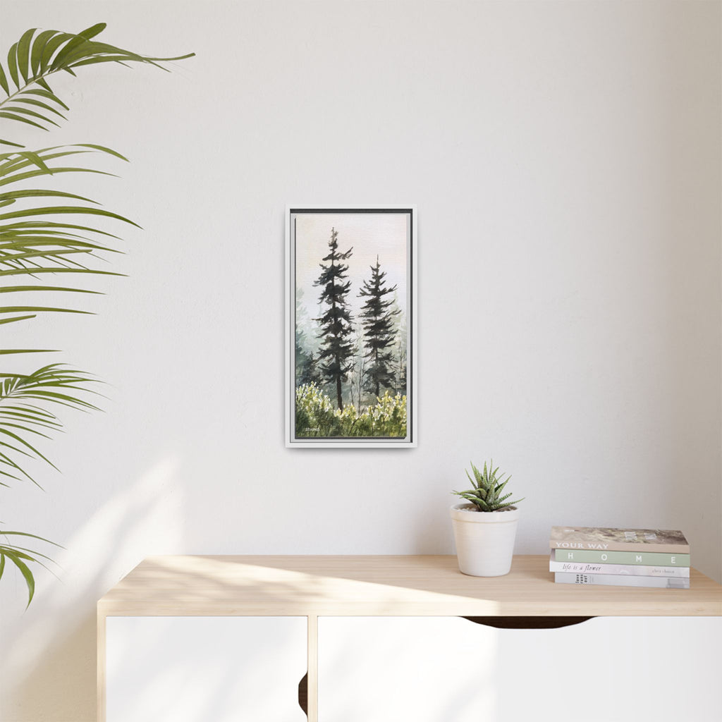 Misty Pines Mountain Watercolor Canvas Framed