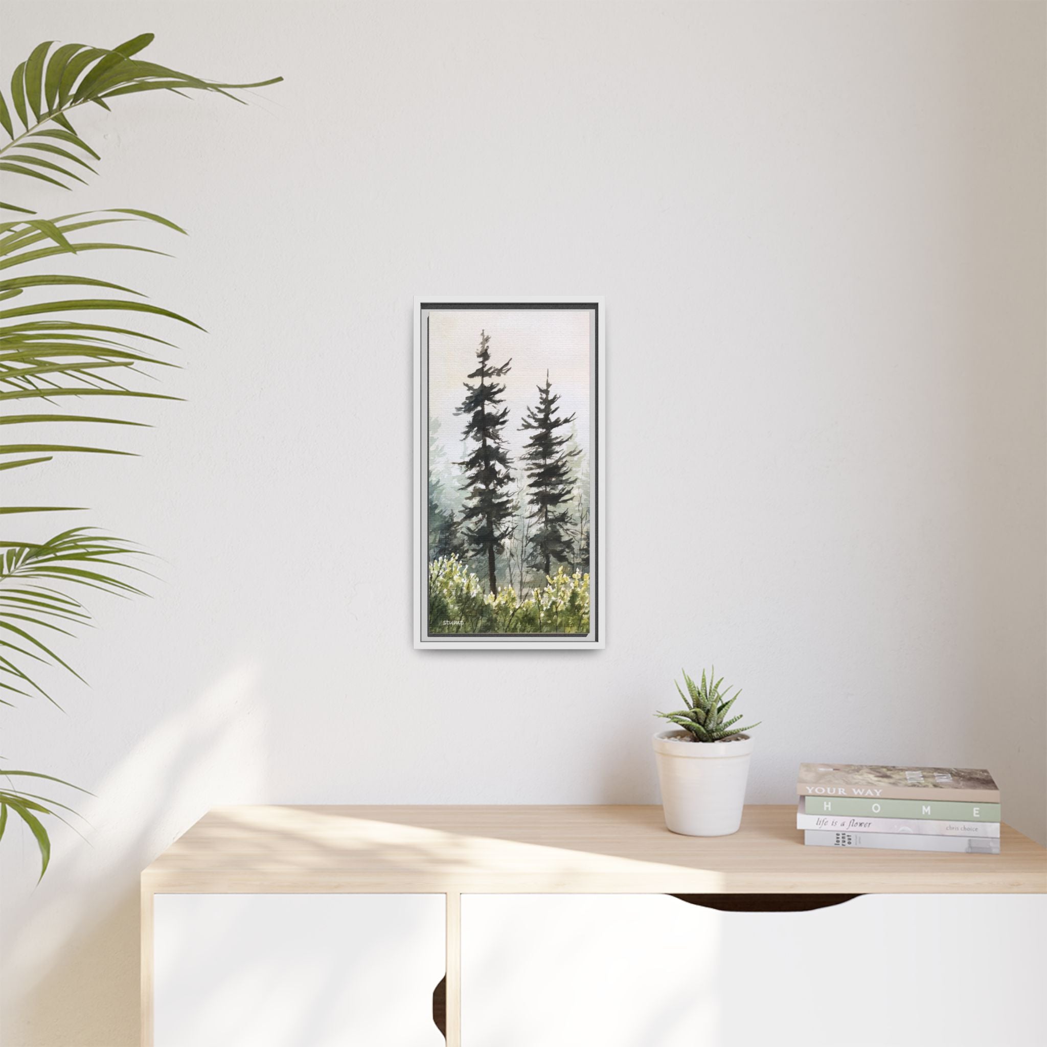 Misty Pines Mountain Watercolor Canvas Framed