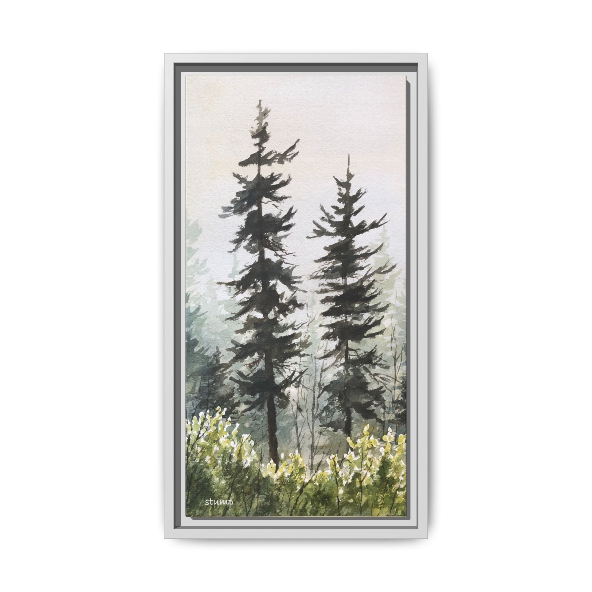 Misty Pines Mountain Watercolor Canvas Framed