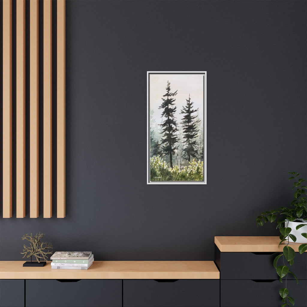 Misty Pines Mountain Watercolor Canvas Framed