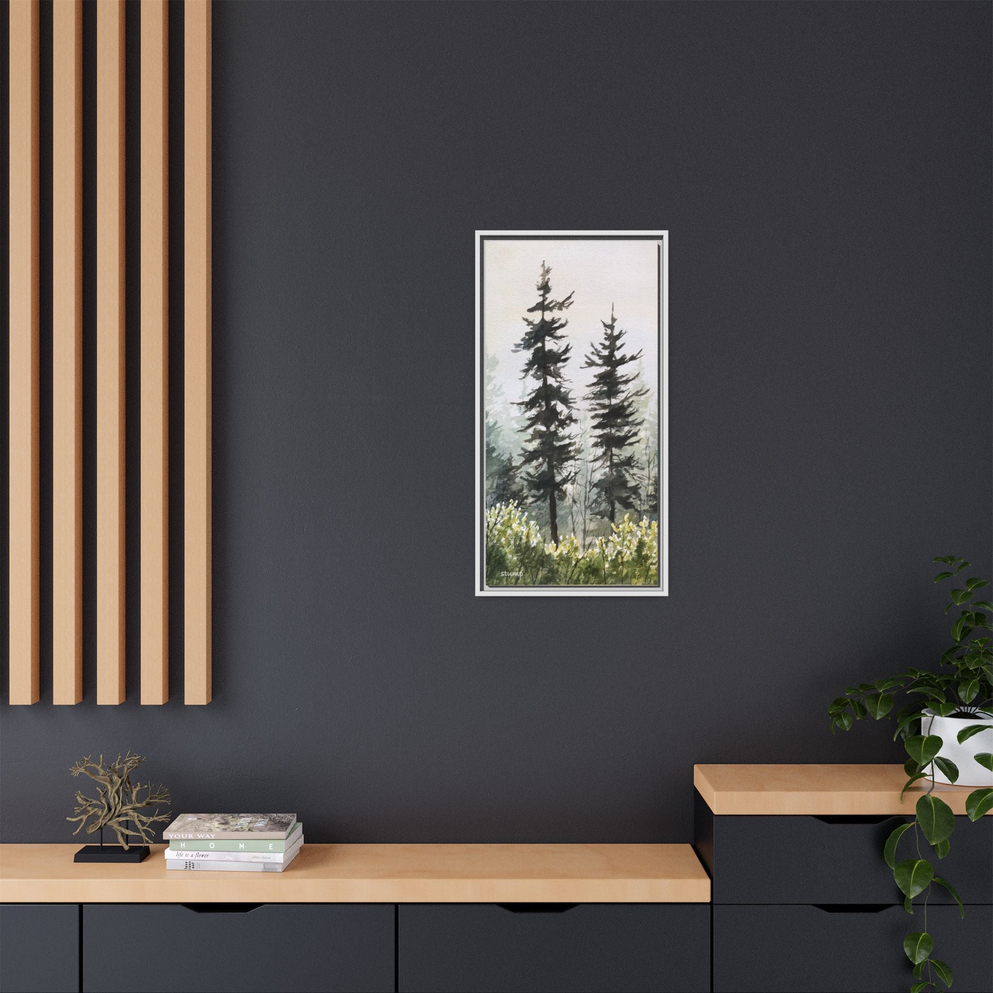 Misty Pines Mountain Watercolor Canvas Framed