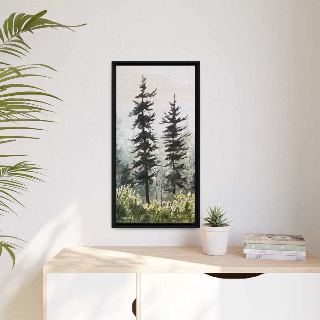 Misty Pines Mountain Watercolor Canvas Framed