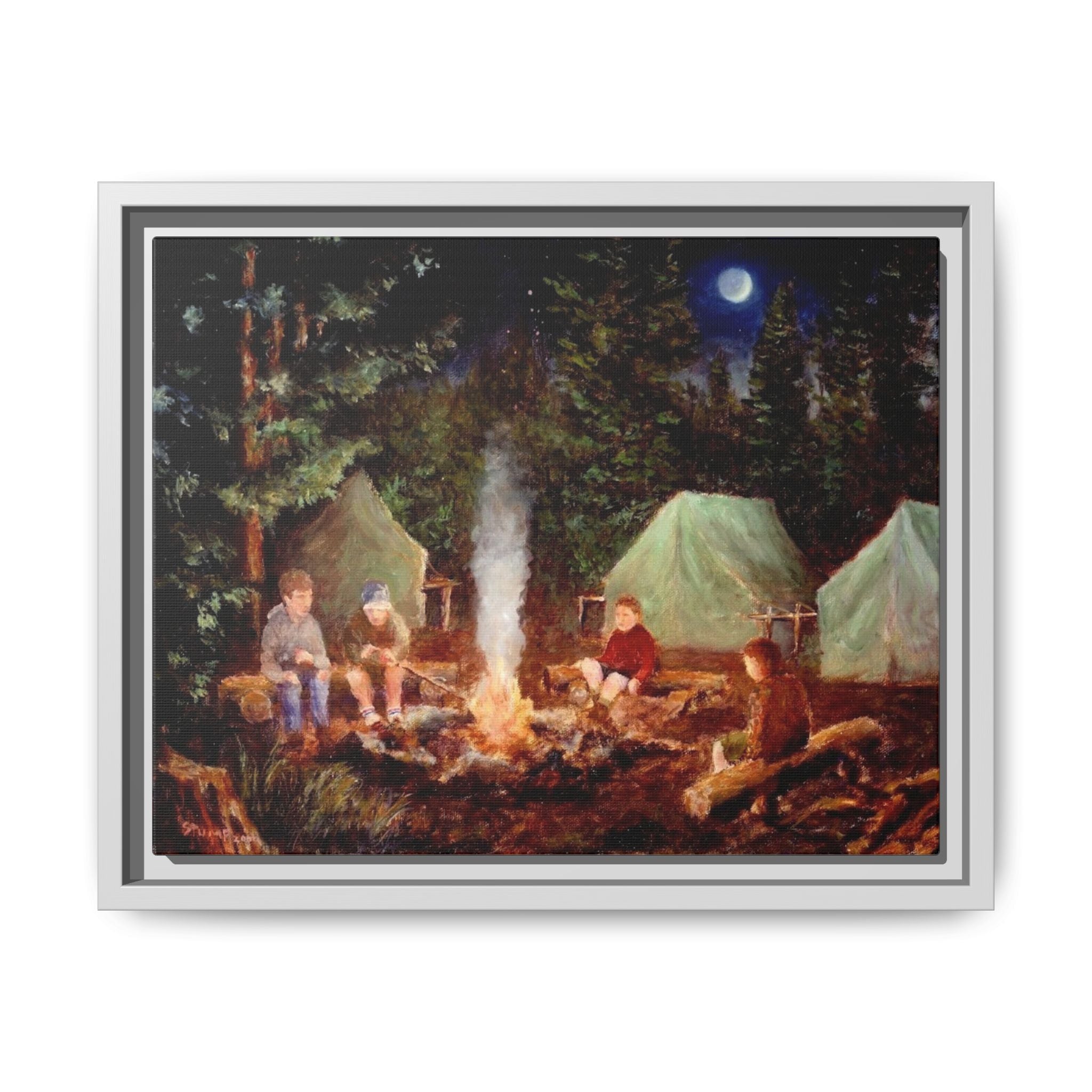 Boy Scouts Campfire Storytelling Canvas Print, Framed Matte Wall Art
