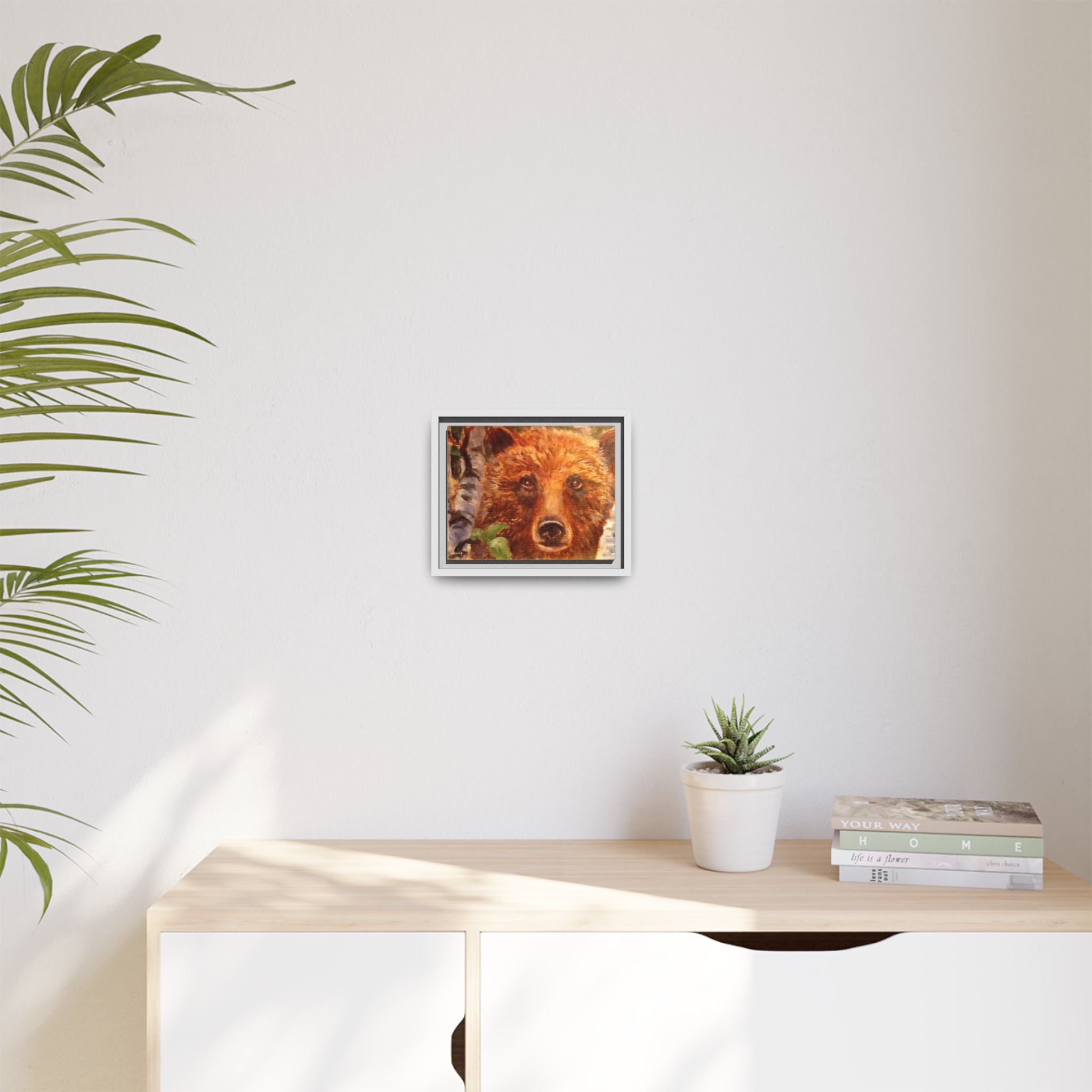 Bear Looking Through Birch Trees Matte Canvas Framed