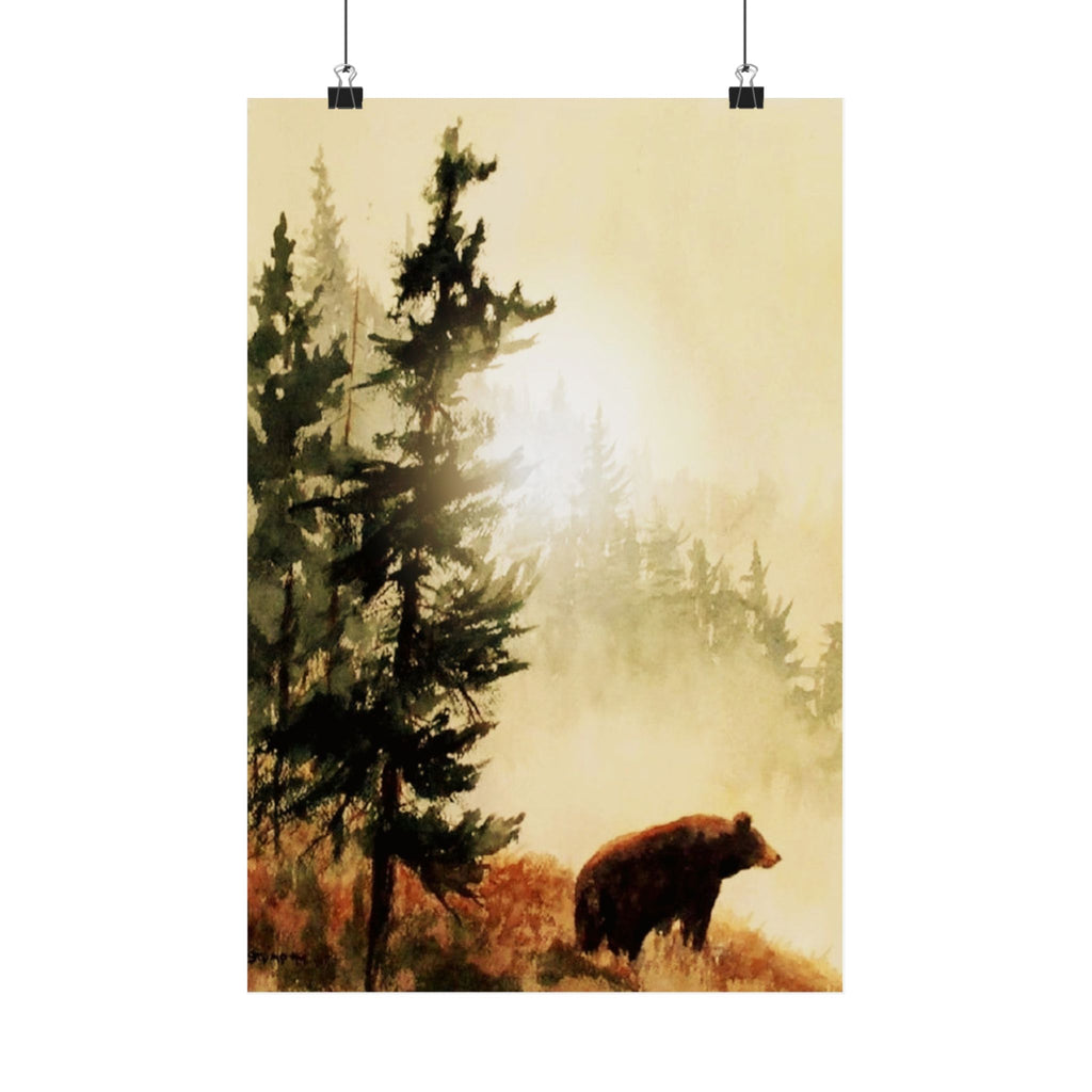 Bear in Mist Forest Matte Vertical Poster | Woodland Wildlife Wall Art