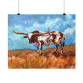 Contemporary Longhorn Cattle Splatter Paint 16x20 Matte Horizontal Poster | Rustic Western Prairie Art