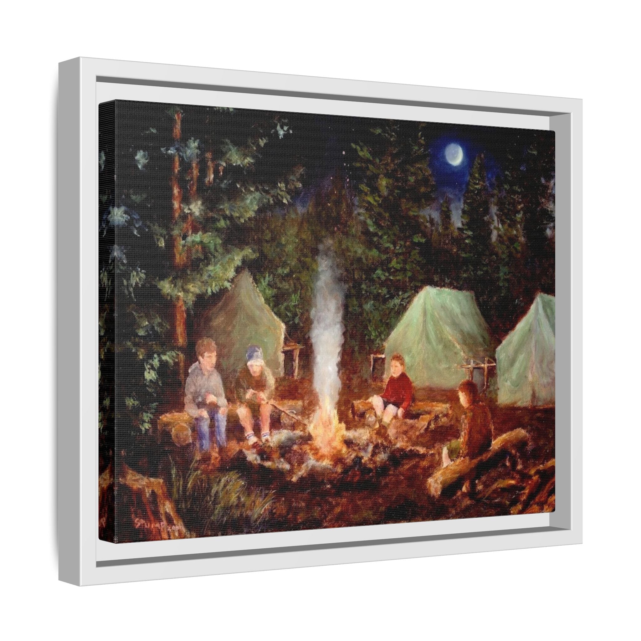 Boy Scouts Campfire Storytelling Canvas Print, Framed Matte Wall Art