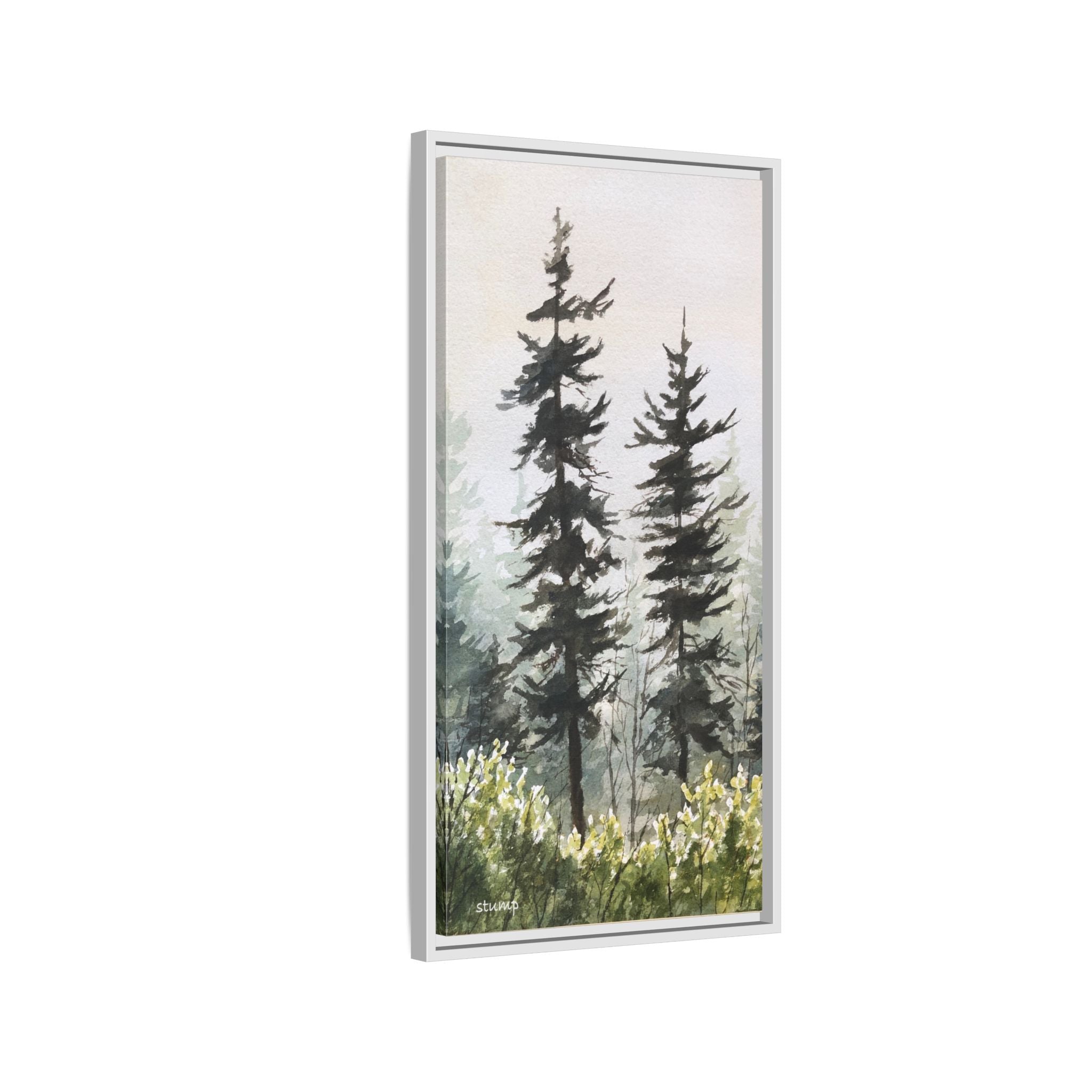 Misty Pines Mountain Watercolor Canvas Framed