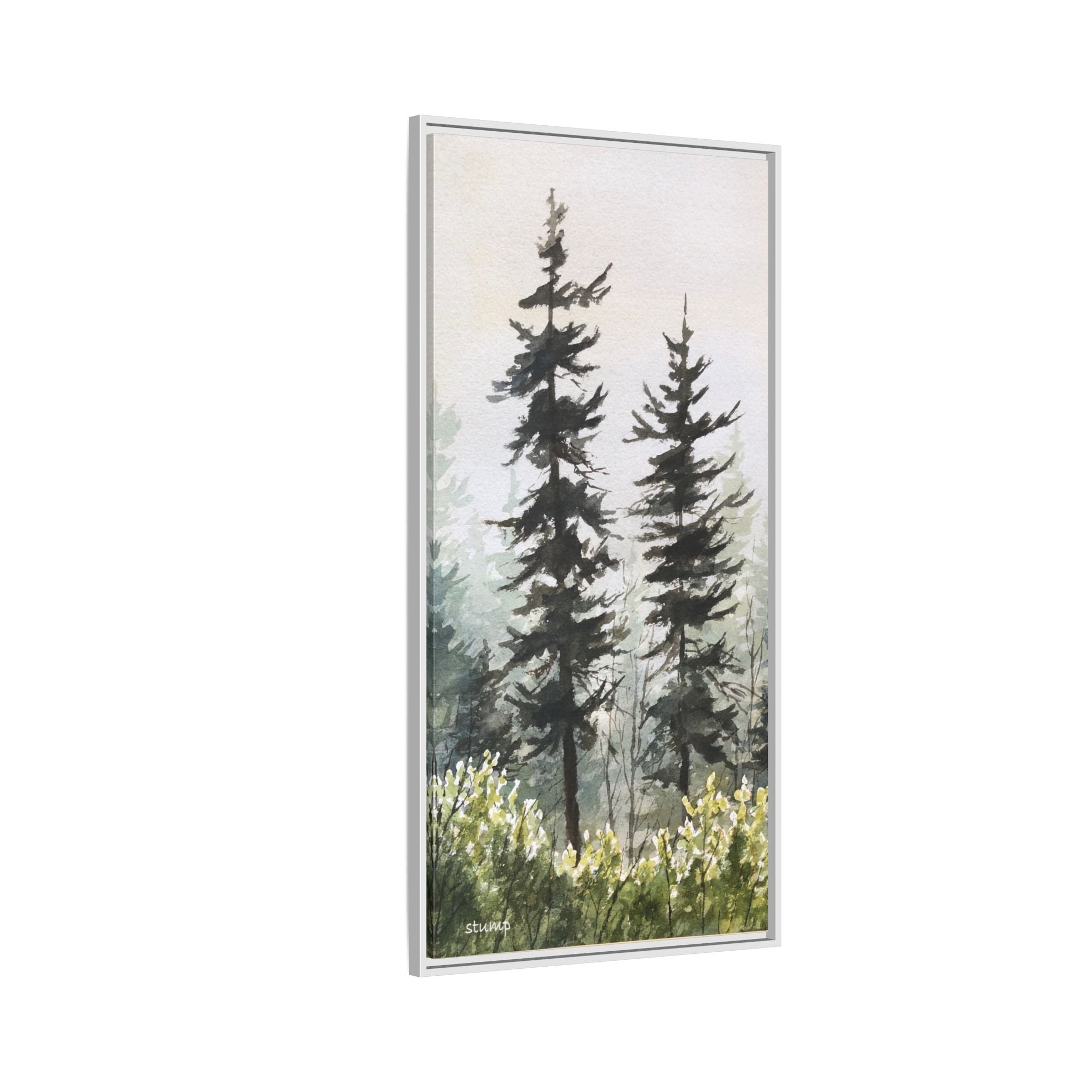 Misty Pines Mountain Watercolor Canvas Framed