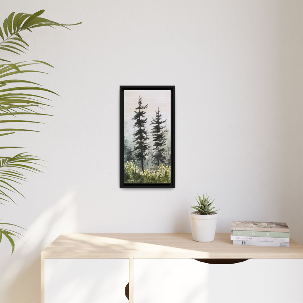 Misty Pines Mountain Watercolor Canvas Framed