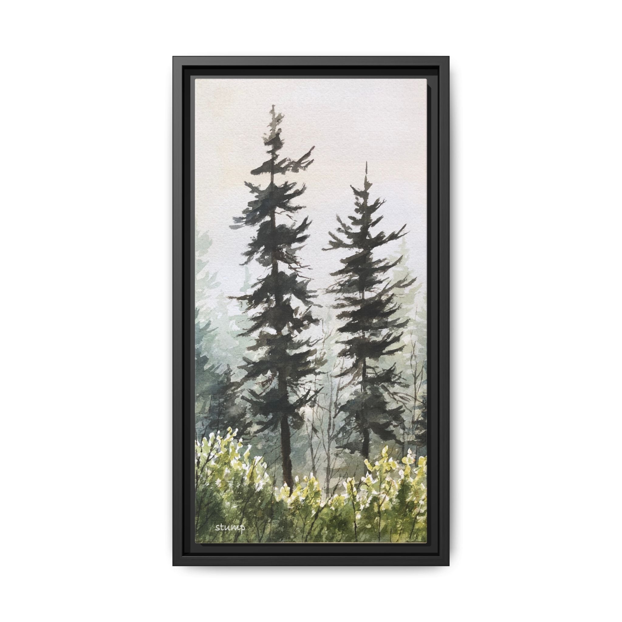 Misty Pines Mountain Watercolor Canvas Framed