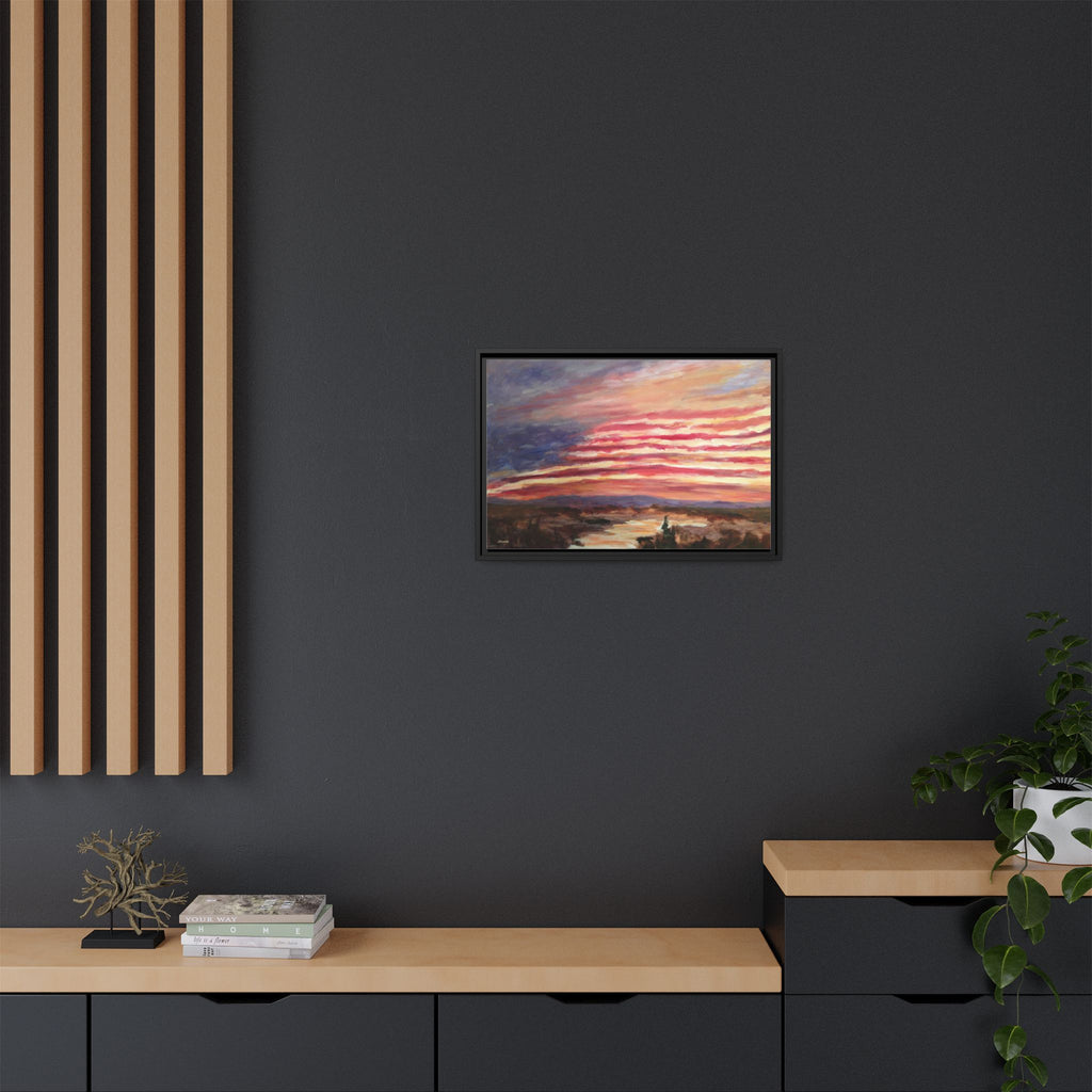 American Landscape Stars And Stripes Sunset Abstract Matte Canvas 24x16 Framed | Abstract Sunset Wall Art