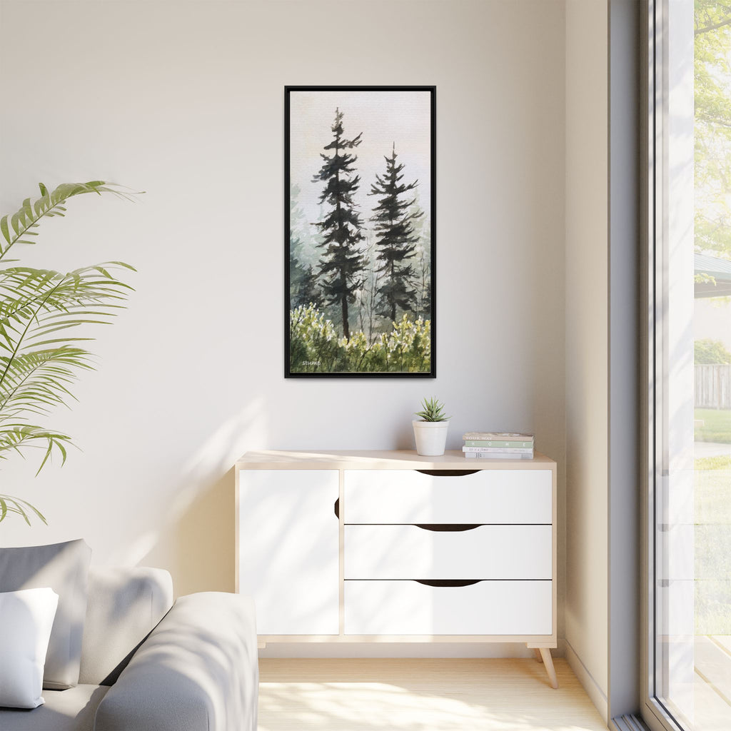 Misty Pines Mountain Watercolor Canvas Framed