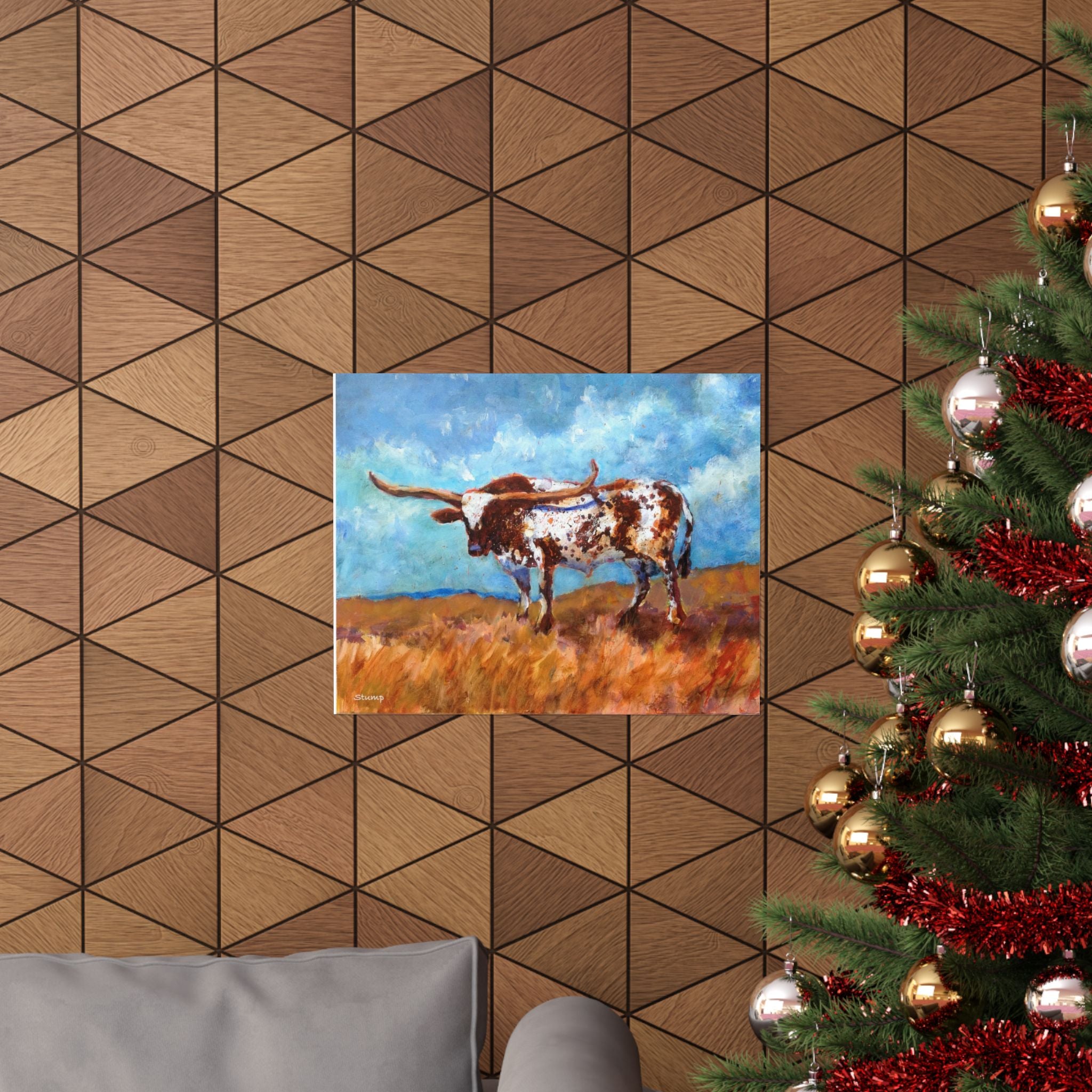 Contemporary Longhorn Cattle Splatter Paint 16x20 Matte Horizontal Poster | Rustic Western Prairie Art
