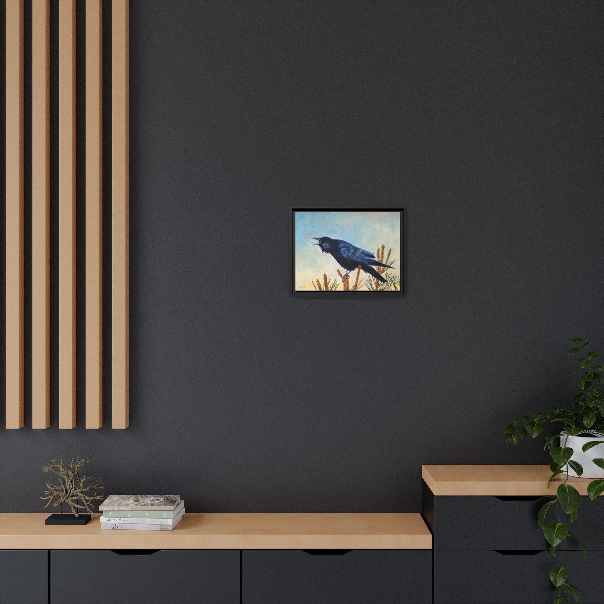 Calling Raven Matte Canvas Framed | Bird Art Wall Print