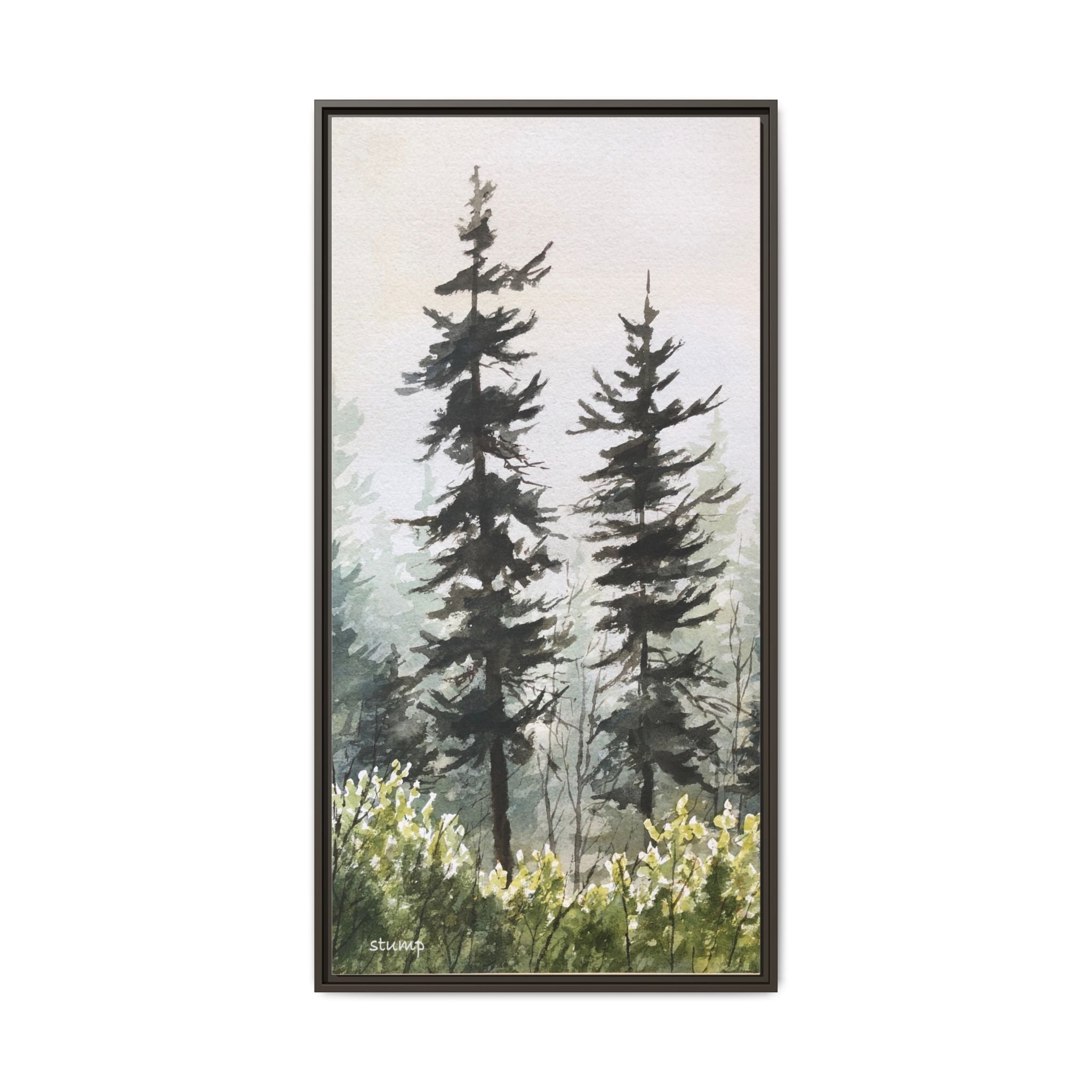 Misty Pines Mountain Watercolor Canvas Framed