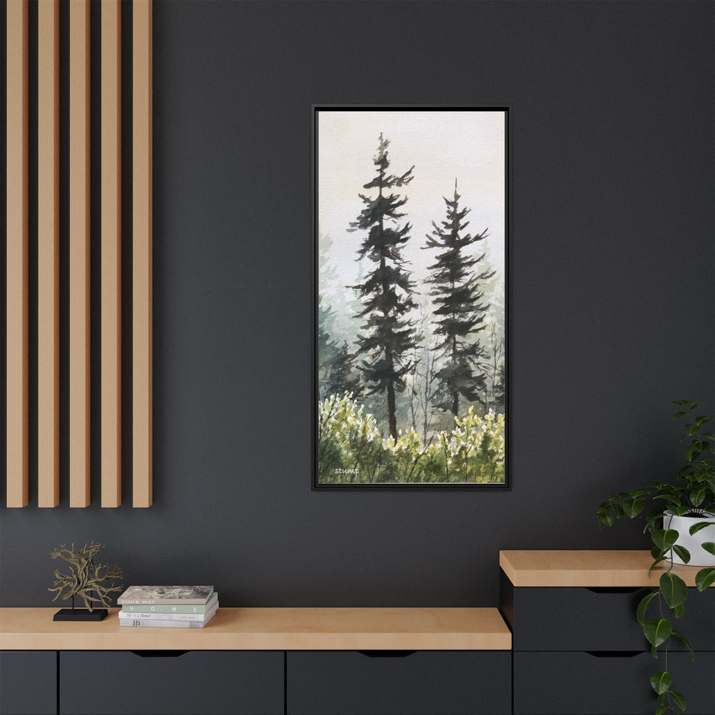 Misty Pines Mountain Watercolor Canvas Framed